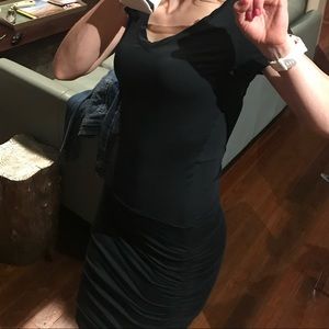 Prana black short sleeved dress, ruched skirt, v neck, size XS